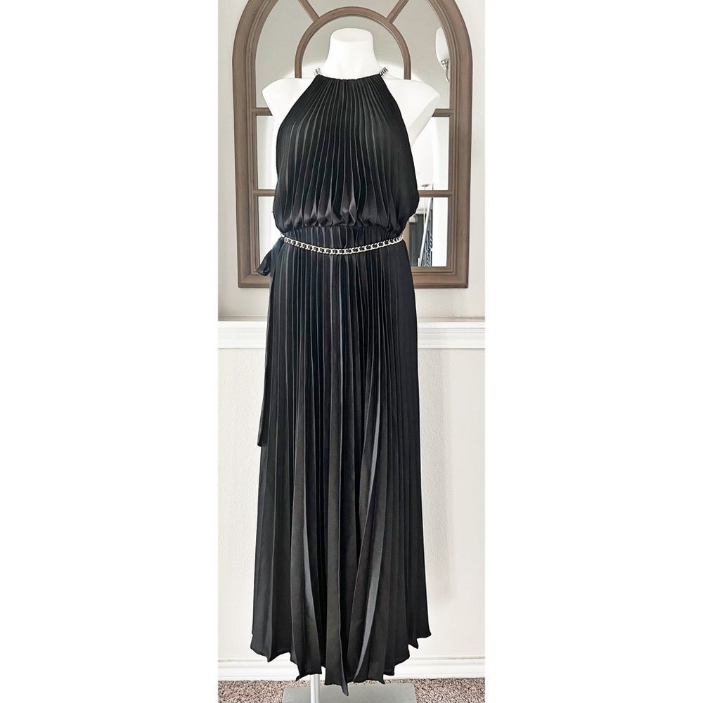 ML Monique Lhuillier Satin Chain-Link Belt Pleated Gown, Black, New, Size 8 - Picture 6 of 12